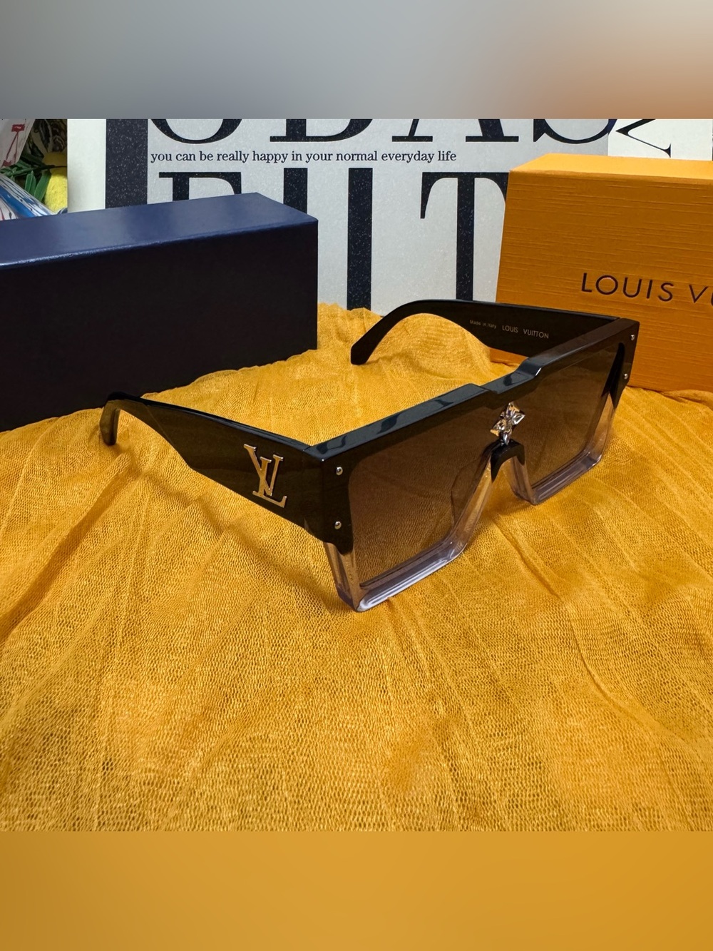 Louis Vuitton Black to Clear Gradient Square Shield Sunglasses with Gold LV